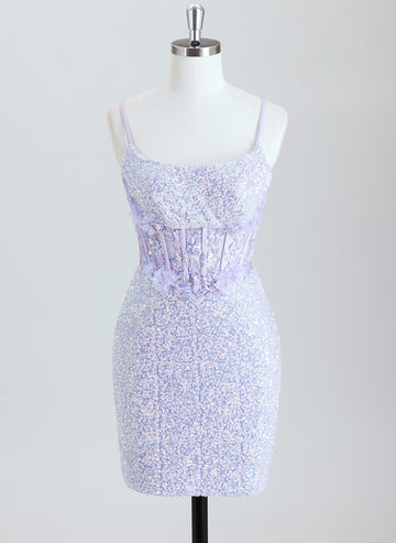 Sheath Spaghetti Straps Short Sequin Homecoming Dress With 3D Floral
