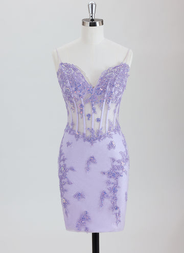 Sheath/Column Spaghetti Straps Short Lace Homecoming Dress With Appliques