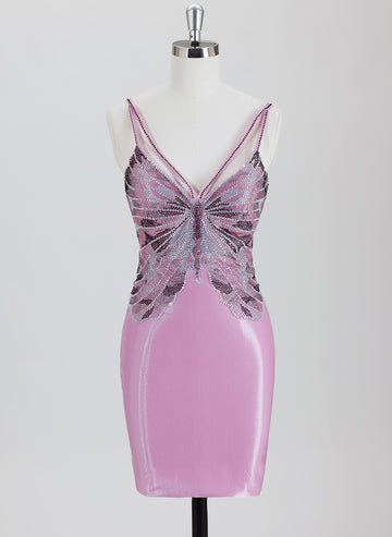 Sheath/Column Spaghetti Straps Short Satin Homecoming Dress With Rhinestone