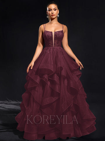 Ball-Gown/Princess Scoop Floor-Length Tulle Maxi Dresses With Rhinestone Beading