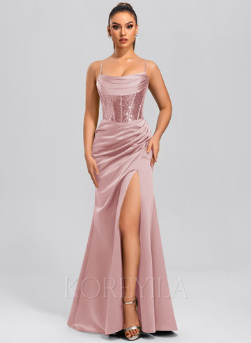 Sheath/Column Cowl Floor-Length Sequin Satin Maxi Dresses With Sequins