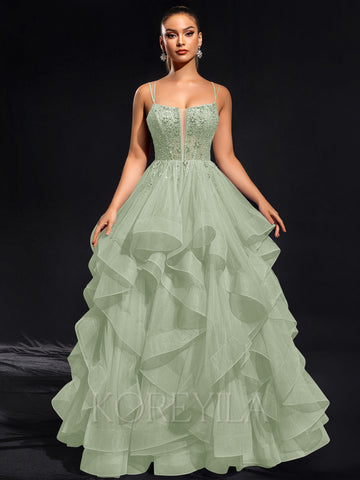 Ball-Gown/Princess Scoop Floor-Length Tulle Maxi Dresses With Rhinestone Beading