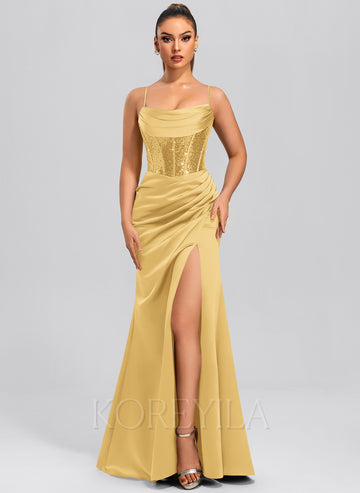 Sheath/Column Cowl Floor-Length Sequin Satin Maxi Dresses With Sequins