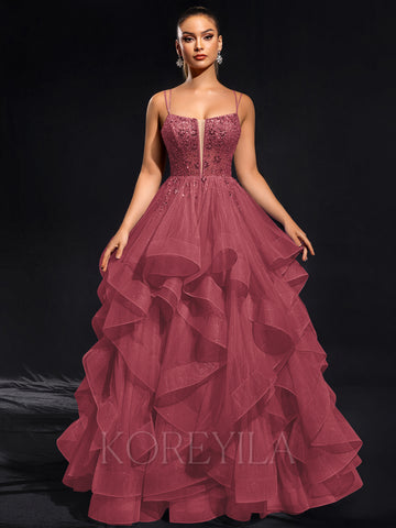 Ball-Gown/Princess Scoop Floor-Length Tulle Maxi Dresses With Rhinestone Beading