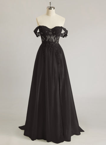 A-line Off the Shoulder Sweep Train Tulle Prom Dresses With Sequins Appliques Lace Beading