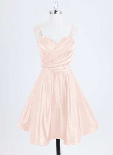 A-line Spaghetti Straps Short Satin Homecoming Dress With Pleated