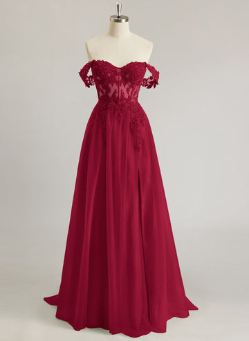 A-line Off the Shoulder Sweep Train Tulle Prom Dresses With Sequins Appliques Lace Beading