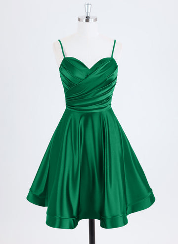 A-line Spaghetti Straps Short Satin Homecoming Dress With Pleated