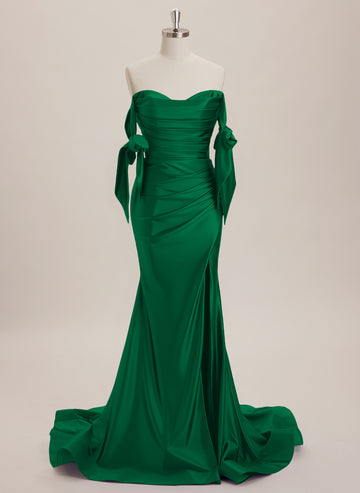 Trumpet/Mermaid Off the Shoulder Sweep Train Jersey Maxi Dresses With Pleated Bow