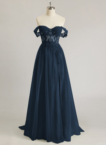 A-line Off the Shoulder Sweep Train Tulle Prom Dresses With Sequins Appliques Lace Beading