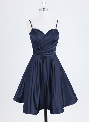 A-line Spaghetti Straps Short Satin Homecoming Dress With Pleated