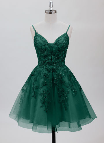 A-line V-Neck Short Tulle Homecoming Dress With Sequins