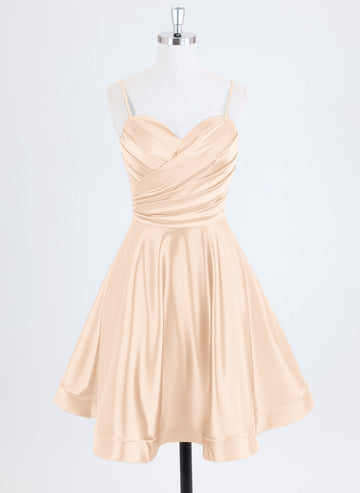 A-line Spaghetti Straps Short Satin Homecoming Dress With Pleated