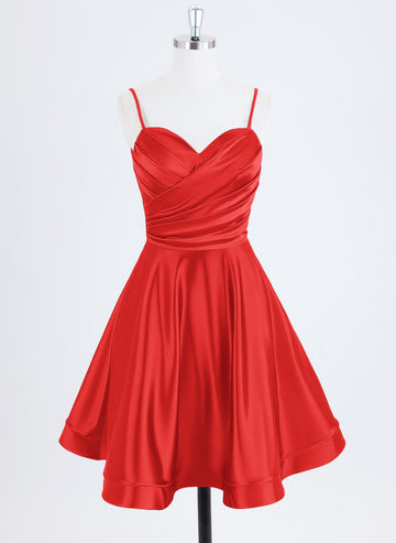 A-line Spaghetti Straps Short Satin Homecoming Dress With Pleated
