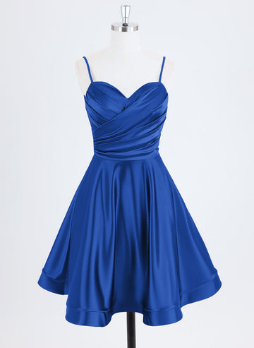 A-line Spaghetti Straps Short Satin Homecoming Dress With Pleated