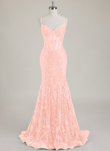 Spaghetti Straps V-Neck Corset Sequins Lace Trumpet/Mermaid Maxi Dress