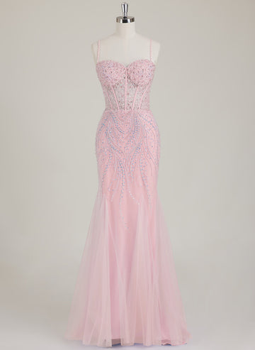 Spaghetti Straps Sweetheart Rhinestone Sequins Tulle Trumpet/Mermaid Maxi Dress