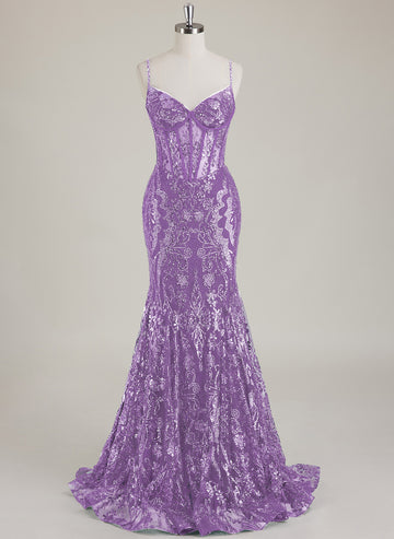 Spaghetti Straps V-Neck Corset Sequins Lace Trumpet/Mermaid Maxi Dress