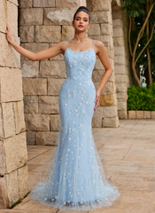 Trumpet/Mermaid Scoop Sweep Train Tulle Lace Maxi Dresses With Sequins
