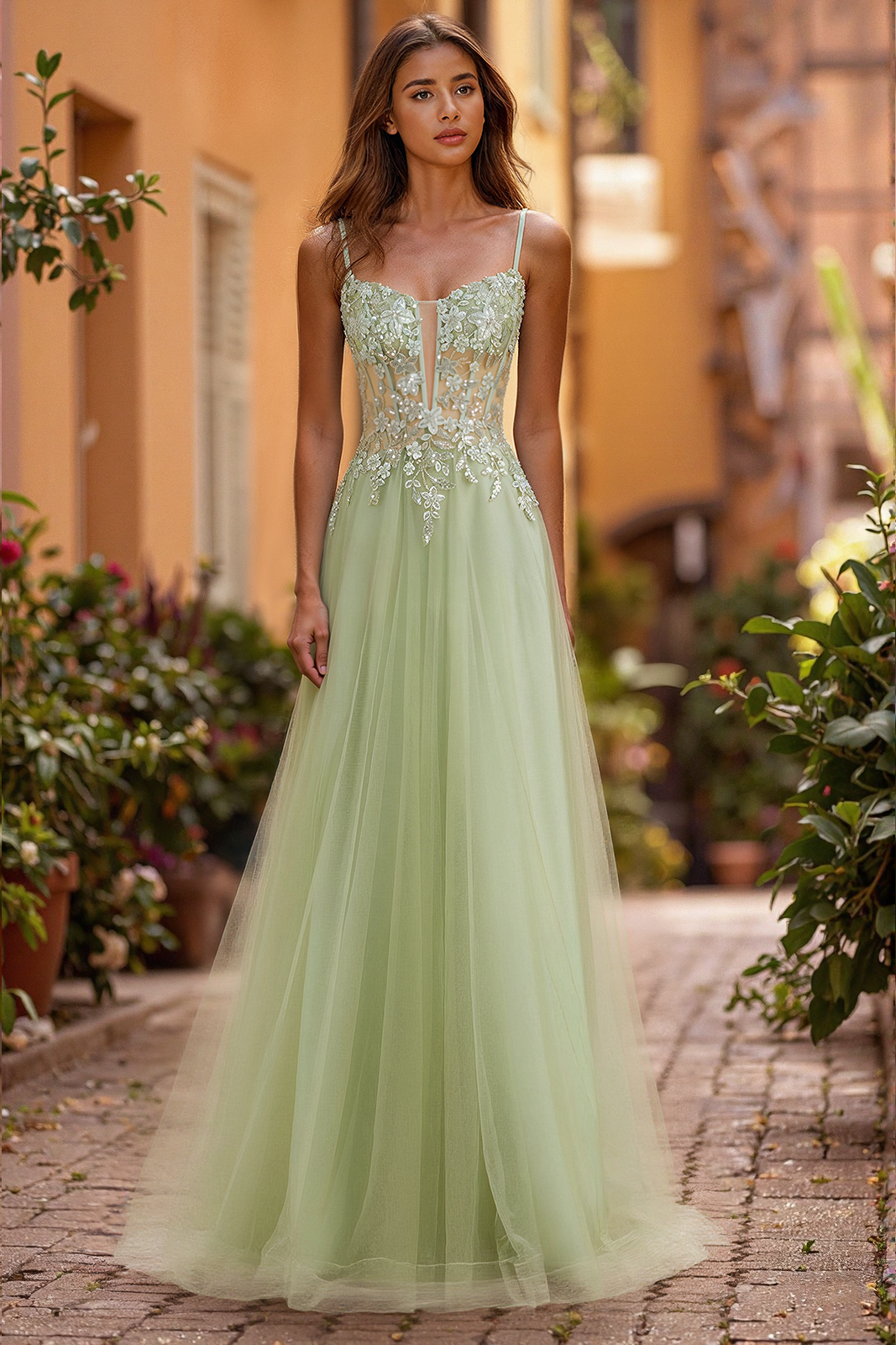Spaghetti Straps V-Neck Embroidered Sequins Tulle A-line Maxi Dress