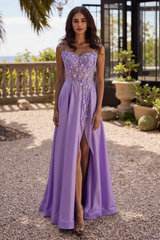 A-line Sweetheart Sweep Train Silky Satin Prom Dresses With Rhinestone 3D Floral Sequins Beading