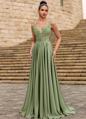 A-line V-Neck Sweep Train Jersey Prom Dresses With Sequins Beading Appliques Lace