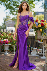 Spaghetti Straps Scoop Corset Sequins Jersey Trumpet/Mermaid Maxi Dress With Leg Slit