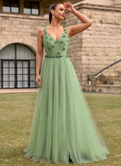A-line V-Neck Floor-Length Tulle Lace Maxi Dresses With Sequins 3D Floral Flower