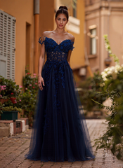 Spaghetti Straps V-Neck Sweet & Flow Rhinestone Tulle A-line Maxi Dress
