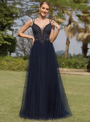 Ball-Gown/Princess V-Neck Sweep Train Tulle Prom Dresses With Rhinestone Beading Sequins