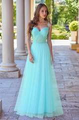 Sleeveless Spaghetti Straps Sweetheart Pleated Tulle A-line Maxi Dress