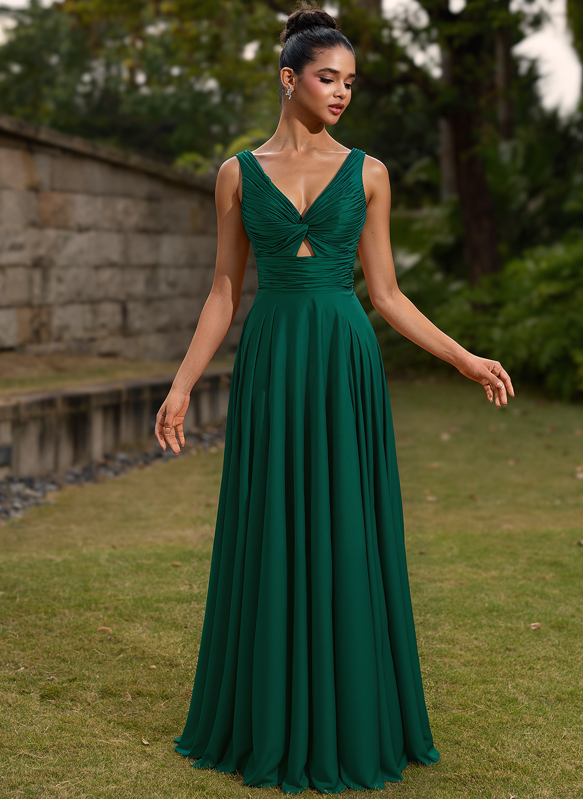 A-line V-Neck Floor-Length Silky Satin Prom Dresses With Pleated