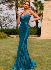 Trumpet/Mermaid V-Neck Sweep Train Metallic Prom Dresses With Rhinestone Pleated