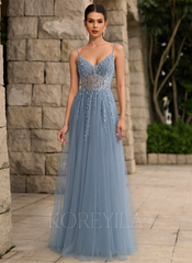 A-line V-Neck Floor-Length Tulle Lace Maxi Dresses With Sequins