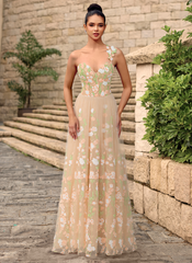 A-line One Shoulder Floor-Length Lace Maxi Dresses With Flower