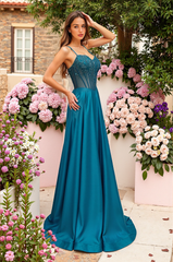 A-line V-Neck Sweep Train Silky Satin Prom Dresses With Sequins Beading