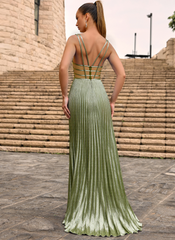 A-line V-Neck Floor-Length Jersey Prom Dresses With Pleated