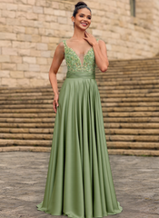A-line V-Neck Sweep Train Jersey Prom Dresses With Sequins Beading Appliques Lace