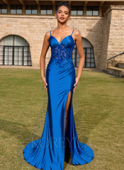 Trumpet/Mermaid V-Neck Sweep Train Lace Jersey Maxi Dresses With Sequins Pleated