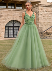 A-line V-Neck Floor-Length Tulle Lace Maxi Dresses With Sequins 3D Floral Flower