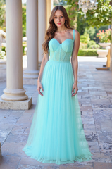Sleeveless Spaghetti Straps Sweetheart Pleated Tulle A-line Maxi Dress