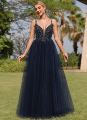 Ball-Gown/Princess V-Neck Sweep Train Tulle Prom Dresses With Rhinestone Beading Sequins