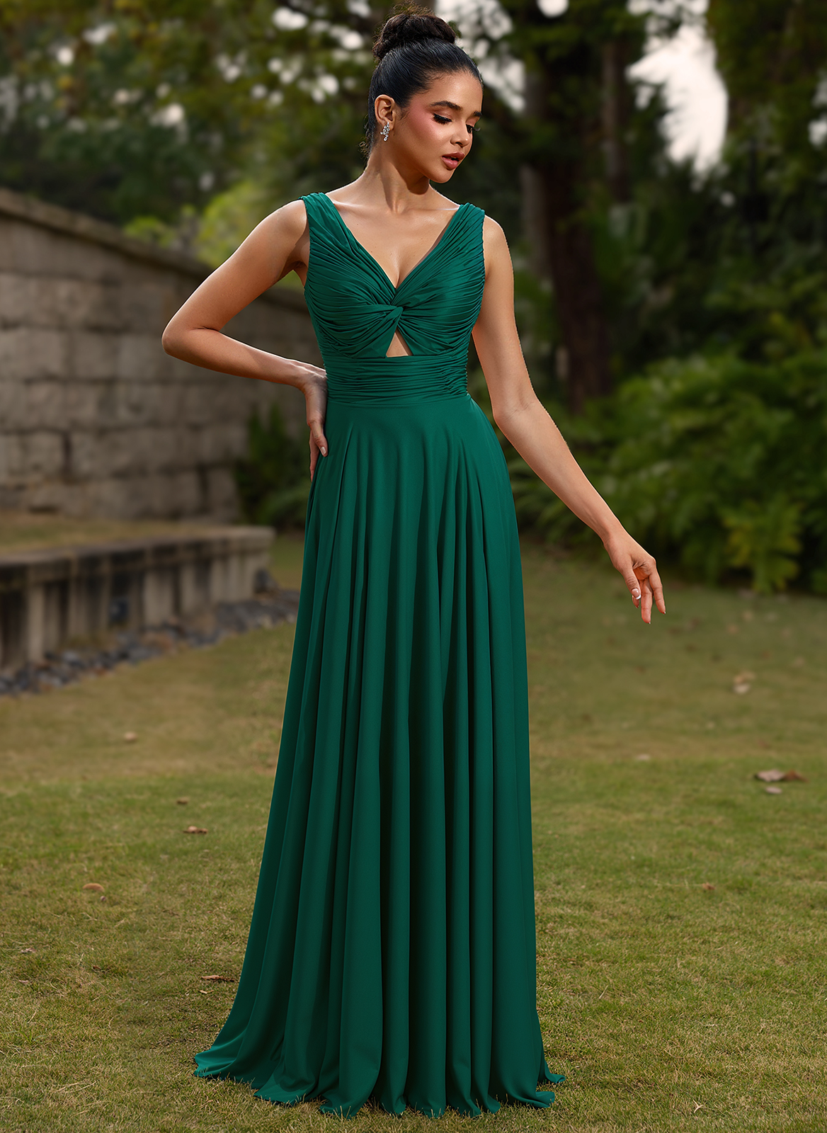 A-line V-Neck Floor-Length Silky Satin Prom Dresses With Pleated