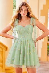 A-line Sweetheart Mini Lace Mini Dress With Bow Pleated