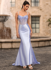 Trumpet/Mermaid V-Neck Sweep Train Silky Satin Prom Dresses With Appliques Lace Beading