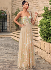 A-line One Shoulder Floor-Length Lace Maxi Dresses With Flower