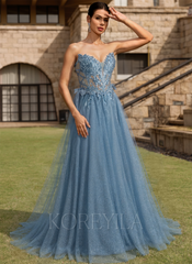 Ball-Gown/Princess V-Neck Sweep Train Tulle Prom Dresses With Beading Sequins