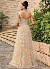 A-line One Shoulder Floor-Length Lace Maxi Dresses With Flower