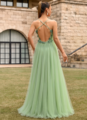 A-line V-Neck Floor-Length Tulle Lace Maxi Dresses With Sequins 3D Floral Flower