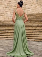 A-line V-Neck Sweep Train Jersey Prom Dresses With Sequins Beading Appliques Lace